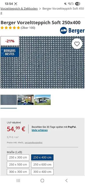 Vorzeltteppich Fritz Berger 4 × 2.50 m