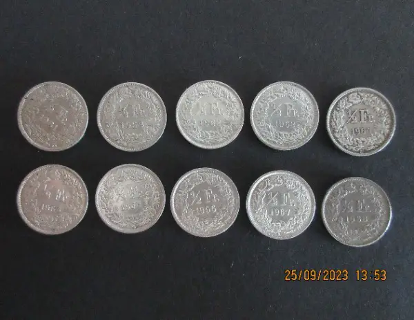 Münzen 50-Rappen, Silber 10 Stk.
