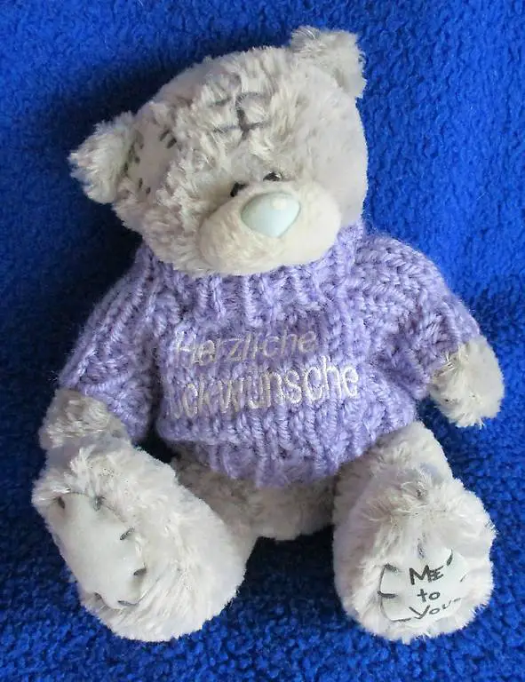 Teddybär, trägt Pulli mit Aufschrift Herzliche Glückwünsche