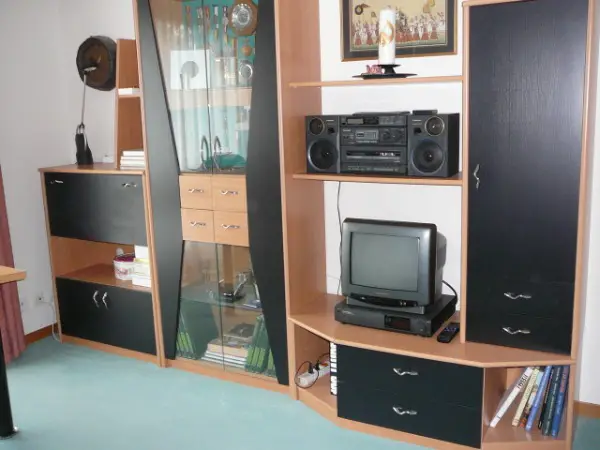 Wohnwand Holz hell, schwarz, Glastüren