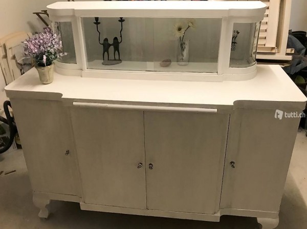 Antikes grosses Buffet Schrank mit Vitrine shabby weiss