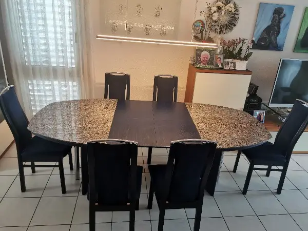 Esstisch ausziehbar (Holz blau, Marmorplatte, 2 Einlegeplatten)