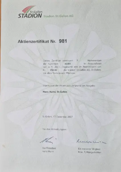 Namensaktie Stadion St.Gallen AG