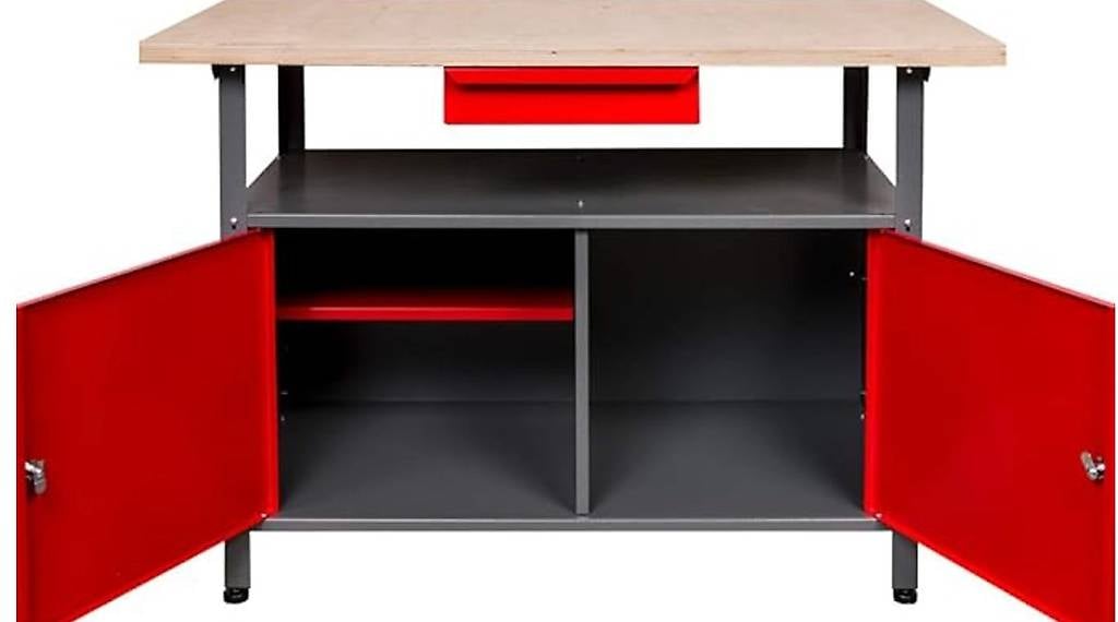 Werkbank aus Metall mit 30 mm Sperrholzplatte