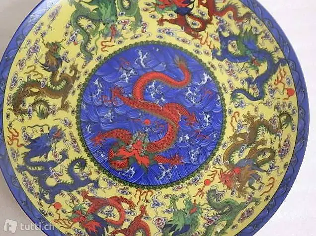 China Porzellan Drachen Teller Bodenmarke Quialong Periode