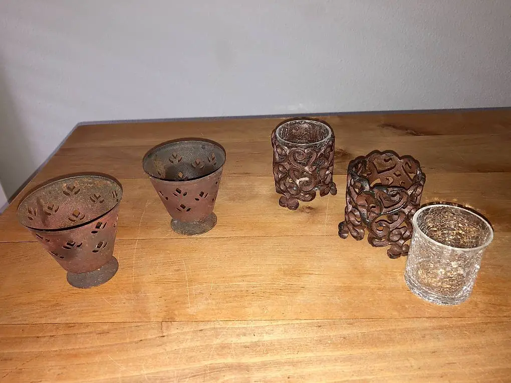 2 x 2 Teelichthalter Eisen + 2 Topf-Stecker Eule+Igel