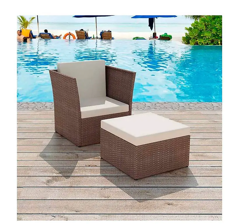 Gartensessel mit Fusshocker Poly Rattan Braun