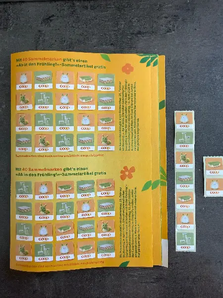 2 volle Sammelkarten + 9 Märkli "Ab in den Frühling" von Coop