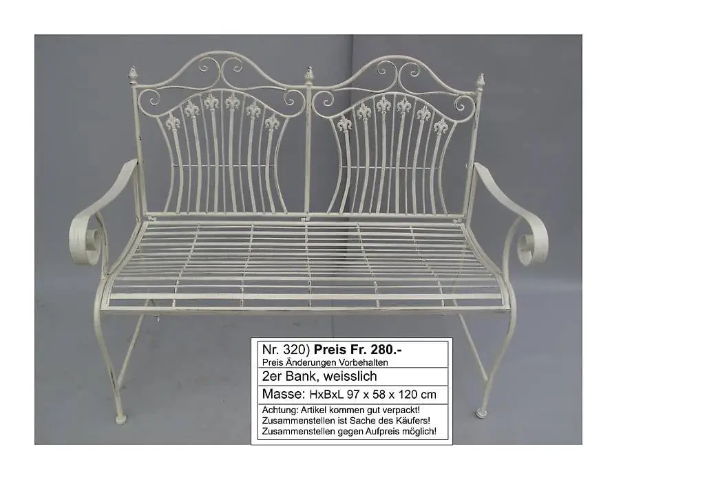 2er Bank, weisslich, Metall, Garten, antik look