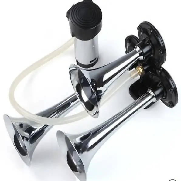  3-Klang Chrom-Fanfare mit Kompressor, Signalhorn, Hupe 12 V