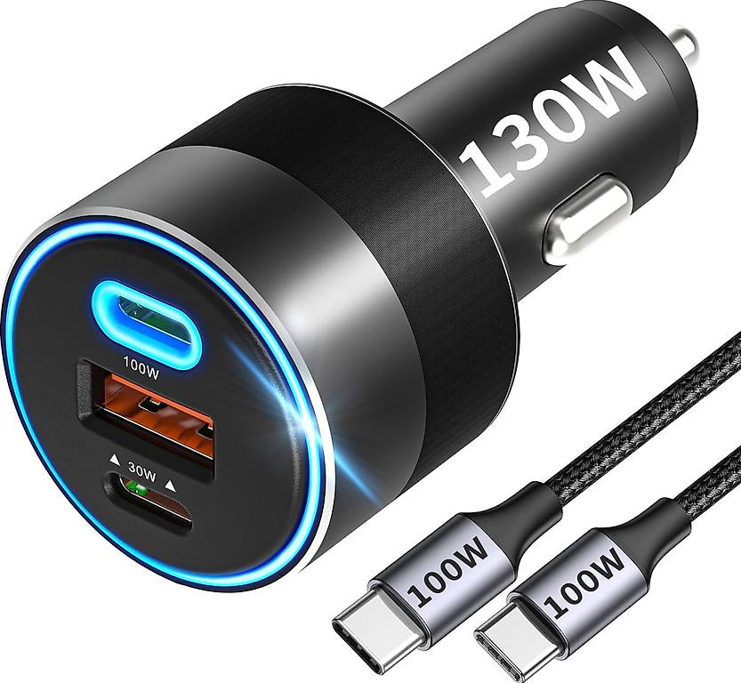 Ultra-Schnelles 130W Kfz-Ladegerät, 3-Port USB-C, mit Kabel