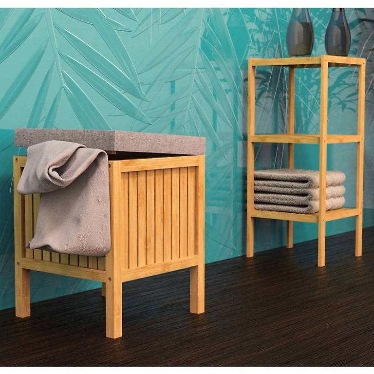 NeuEISL 2-in-1 Wäschekorb mit Sitzkissen Bambus 39x39x52,5