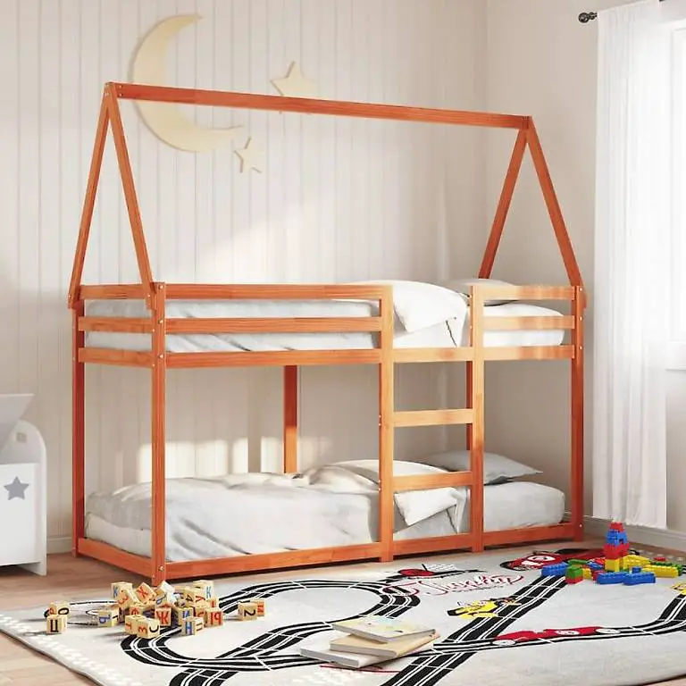 Etagenbett mit Dach Wachsbraun 75x190 cm Massivholz Kie