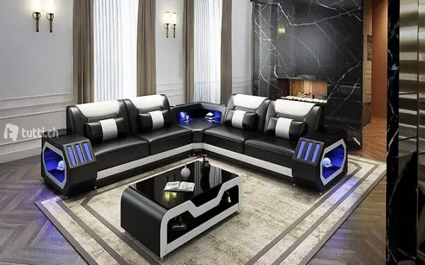  DESIGNERSOFA LEDER SOFAS SOFA L-FORM USB SOUNDBOXEN NEU