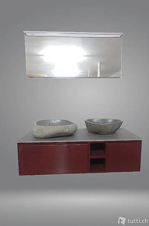 Badmöbel Zwei Schublade Rot Mit LED Spiegel Elegant