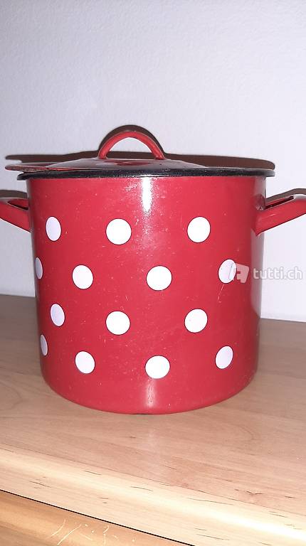 emaille topf mit deckel in rot weiss