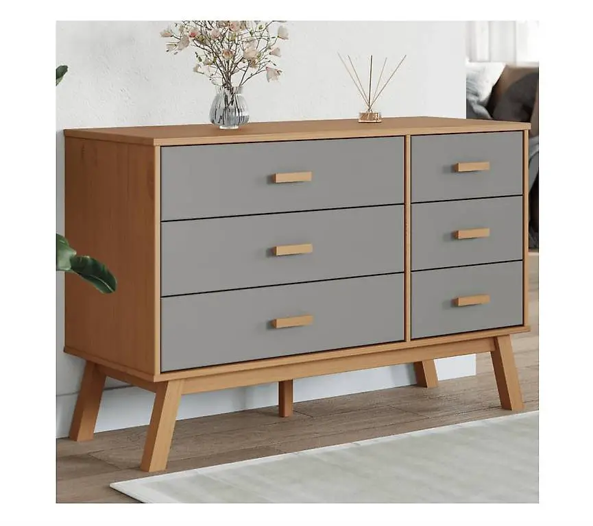 Schubladenschrank OLDEN Grau und Braun Massivholz Kiefer