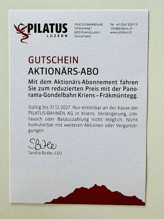 Pilatus Luzern - Gutschein Aktionärs-Abo