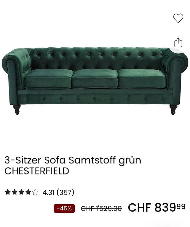 3- Sitzer Sofa Samtstoff grün CHESTERFIELD