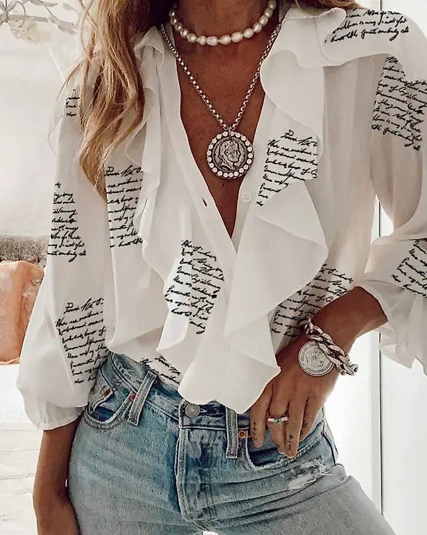 Damenbluse Bluse Top Letter Print Langarm S neu