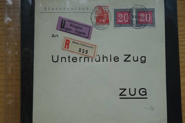 Kuvert aus 1945 (Einschreiben, Urgent) nach Untermühle Zug