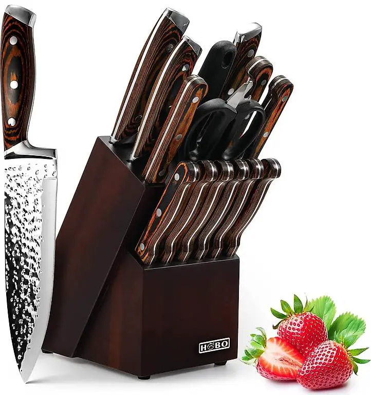 Messerblockset 15 Stück, Küchenmesserset mit Santokumesser