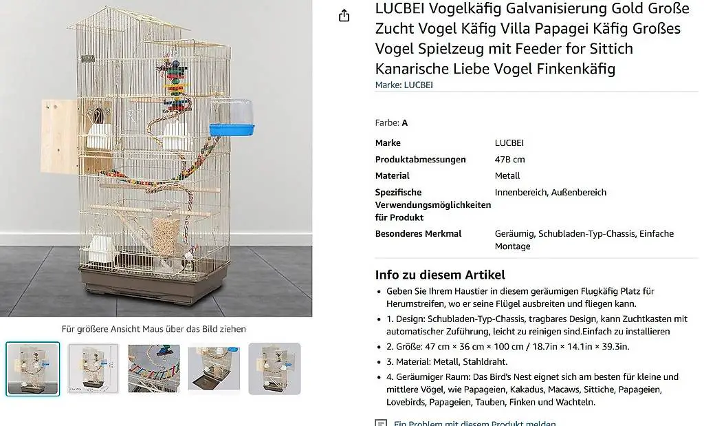 Vogelkäfig Villa Papagei gold mit viel Zubehör