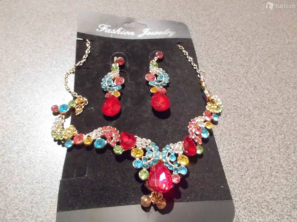 Kette und Ohrstecker, Fashion Jewelry farbig / grosse rote