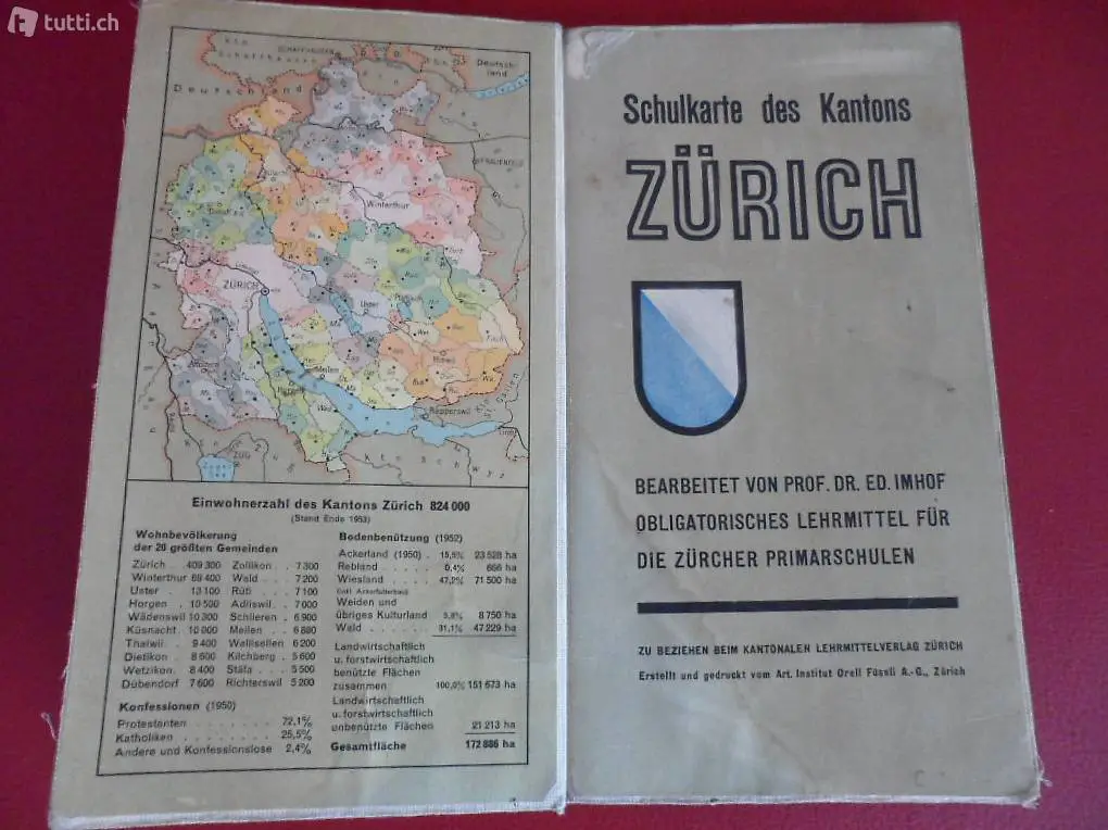 Schulkarte Stoff O. Füssli 1956 des Kantons Zürich