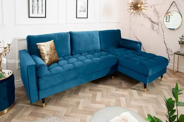  Elegantes Ecksofa VELY 260cm dunkelblau Samt