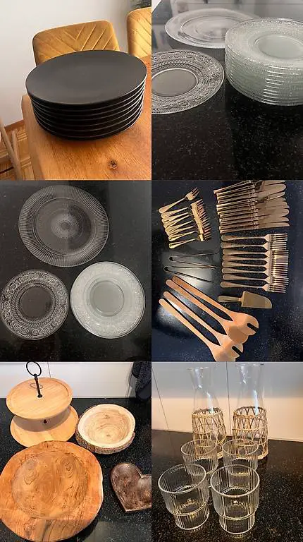 8x Teller schwarz, Dessertteller & Platte Glas, Besteck gold