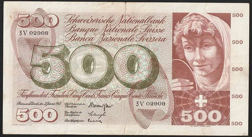 Banknote Schweiz 500 Franken Francs Serie 5 1965