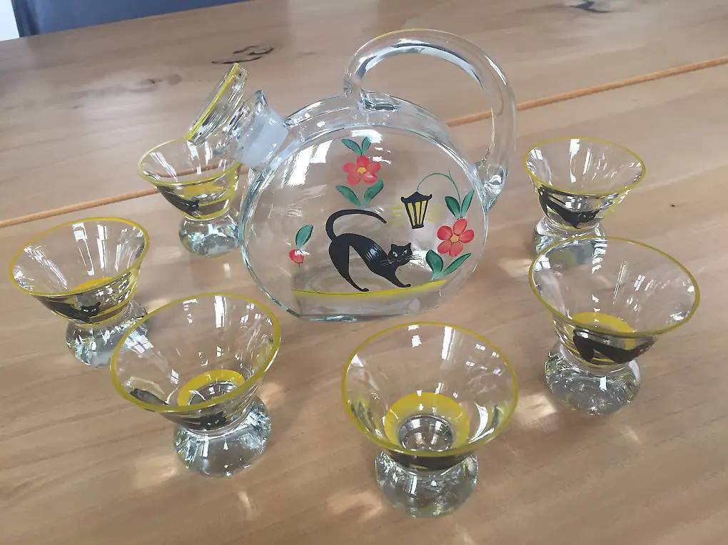 Schnapskrug und Schnapsgläser mit Katzenmotiv, ungebraucht