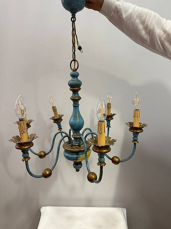 Vintage-Lüster in Himmelblau/ Gold - 6-flammige Hängeleuchte