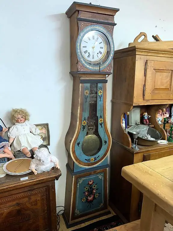 Standuhr, blau bemalt, antik, Morez Uhr