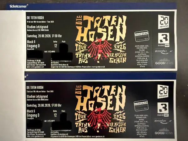 2 Sitzplätze Block 6 für Die Toten Hosen, 20.06.2026 Zürich
