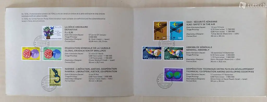 Briefmarken UNO 9 Stück, gestempelt, Sonderblatt, 1978