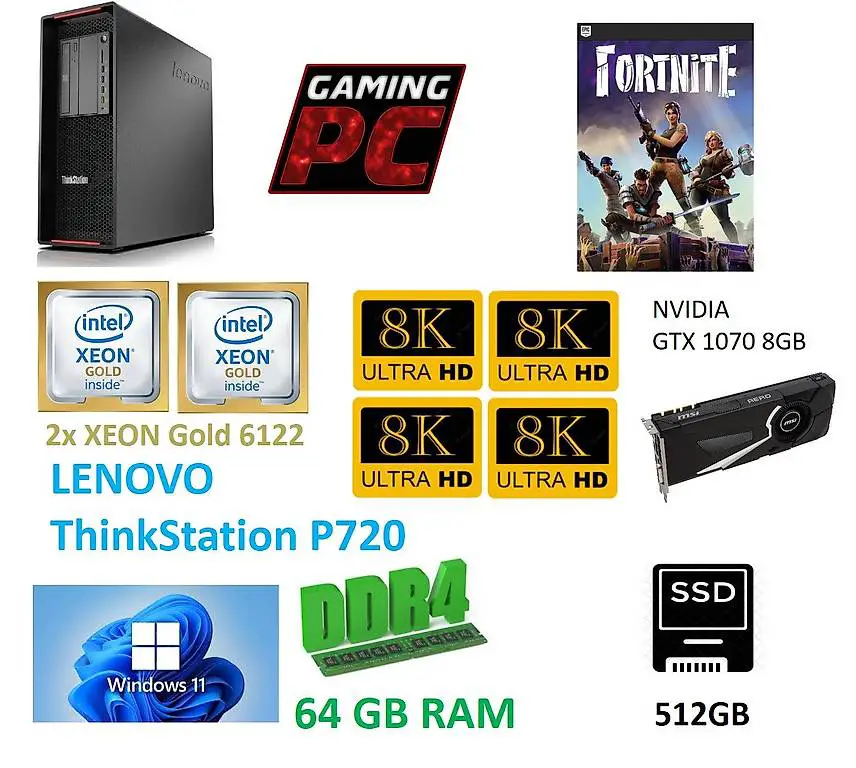 Lenovo P720 Thinkstation PC 64GB GAMING Win11 2x XEON Gold