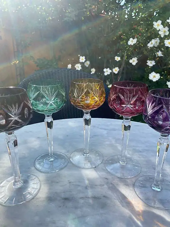 6 Bleikristall Ueberfanggläser geschliffen bunt