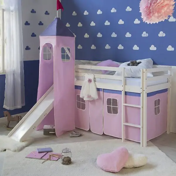 Weisses Hochbett mit Rutsche, Leiter, Turm 90 x 200 cm