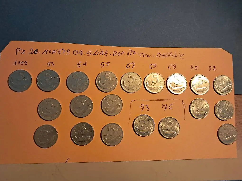 Pz 20, Monete Da 5 lire .Rep.Ital. con Delfino