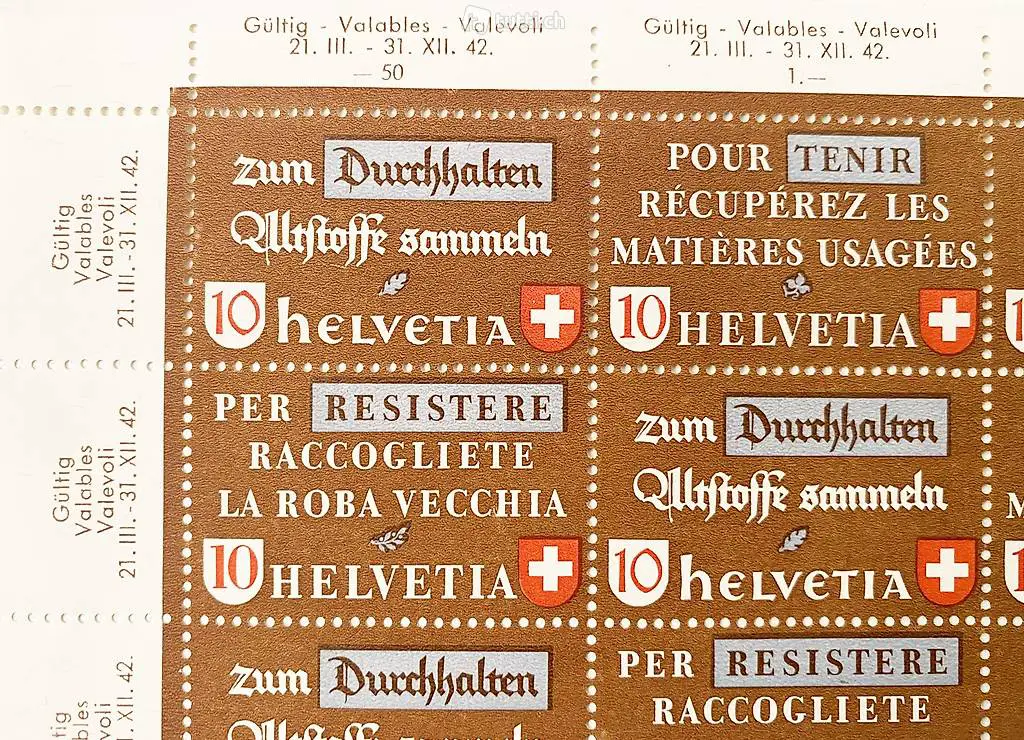 Briefmarken, Helvetia, 1942 Altstoff-Bogen