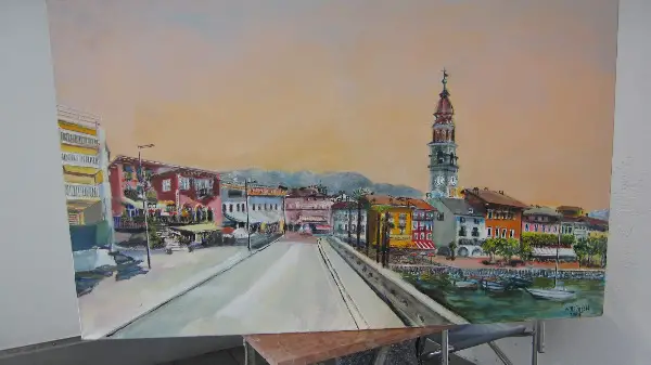 Original Ölgemälde von Willi Ingold, Ansicht ASCONA Piazza