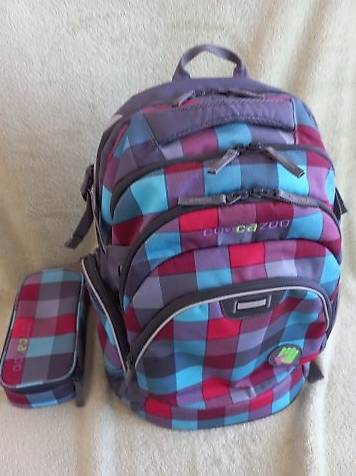 Schulrucksack COOCAZOO blau-rot kariert. Etui. Ab 4.Klasse