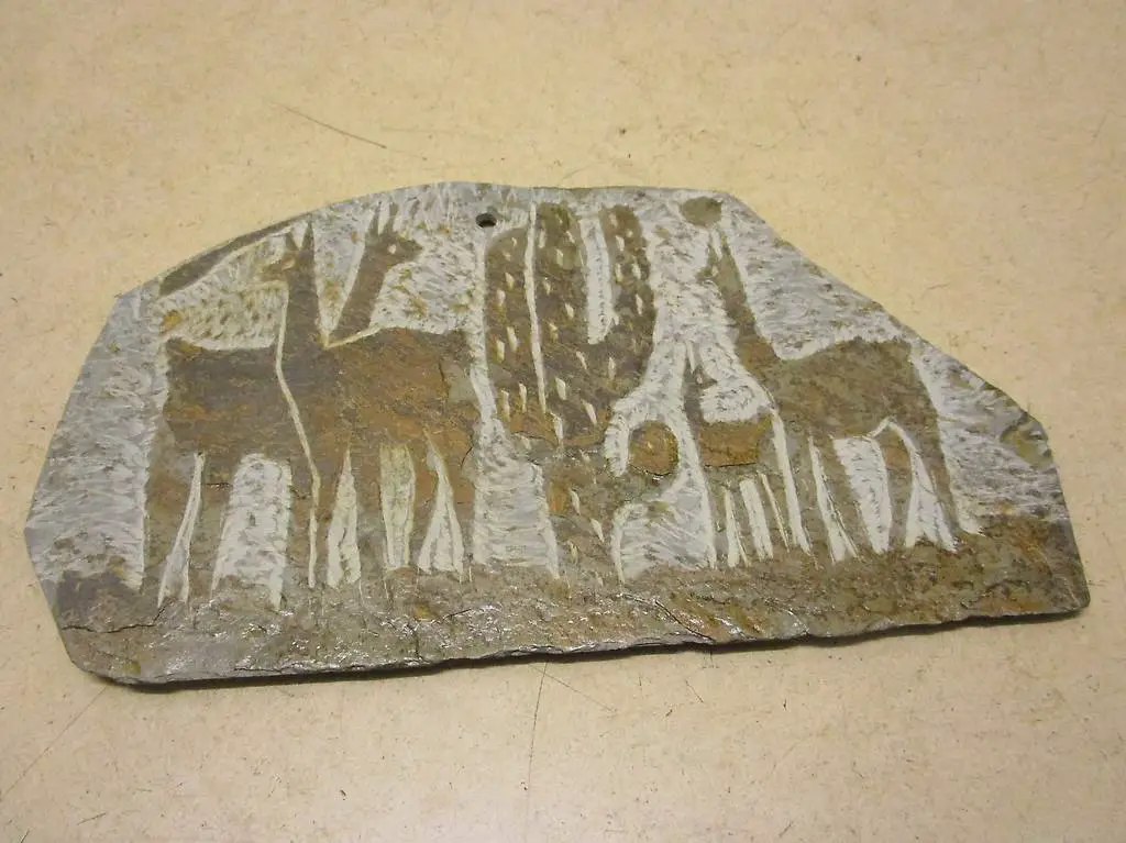 Stein-Tafel Peru / Bolivien Alpaca Vicunja Anden Volkskunst