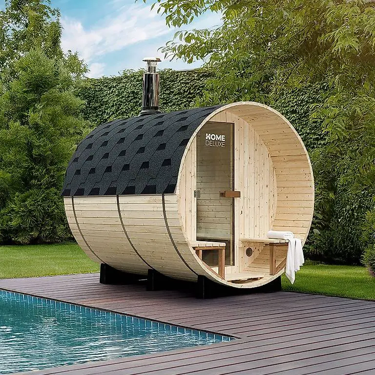 Fasssauna MALMÖ Premium mit Holzofen + Zubehör - 210x240cm