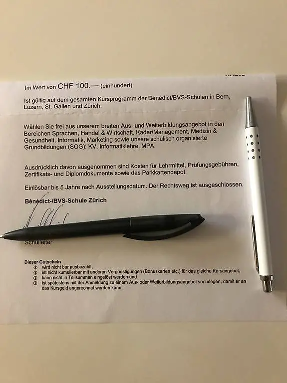 Bildungsgutschein Bénédict-/BVS-Schulen Wert CHF 100.-