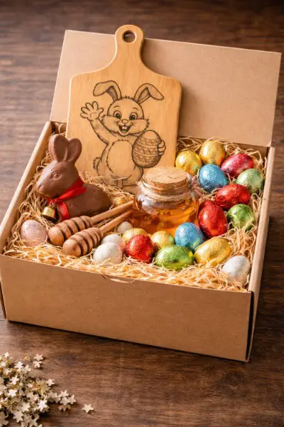 Oster Geschenkbox mit Holzbrett, Honig & Schokolade
