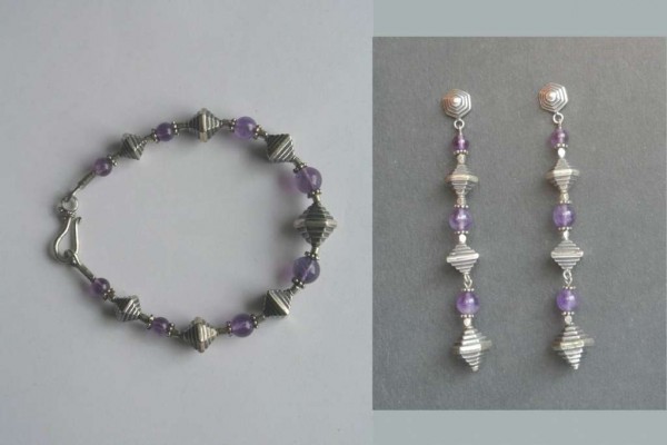 Set 2 Améthyste, Argent Hexagonal, Bracelet, Boucles Oreille