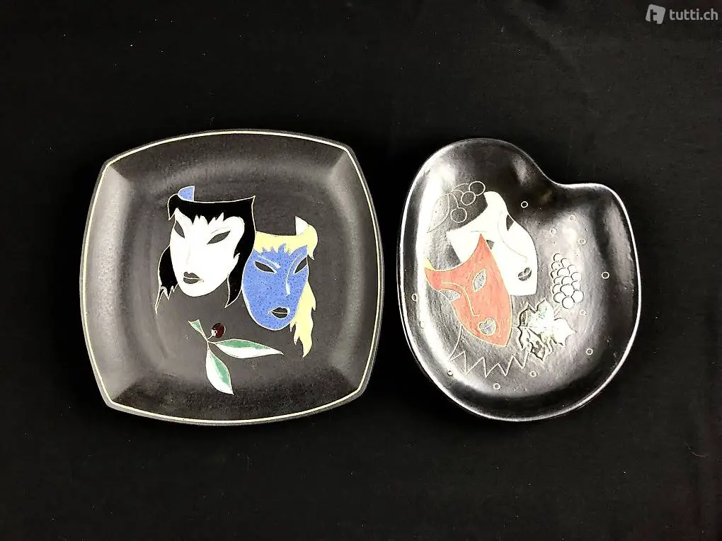  2 schöne Wandteller, Asiatika, Masken, Keramik